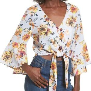 Leith Top Blue Floral Print Bell Sleeve V Neck Button Tied Crop